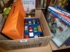 Matchbox, Corgi and other Die Cast metal cars, tin plate robot, Kermit and child's microscope and
