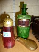 Victorian camphorated oil bottle, a cranberry sifter and a 19th Century small copper powder flask