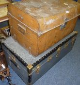 Victorian tin trunk, another cabin trunk and contents, Benares brass top table with folding stand