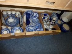 Four blue pottery jardinieres, large collection of printware and other blue and white ceramics in