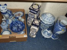 Pair of elephant design plant stands, large blue and white Willow Pattern cat and other ceramics