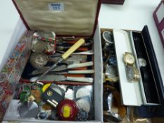 Vintage Avia and Rotary watches, coins, medals and silverplate in one box