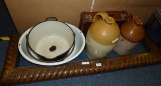 Oak fire surround, wash basin, two stone jars, enamel pans, etc