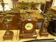 19th Century French red veined marble clock garniture, Japy Freres  striking movement and white
