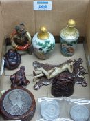 Scent bottles, coins and oriental items in one box