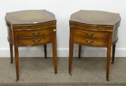 Pair reproduction mahogany lamp tables with circular inset leather tops