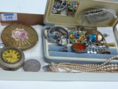 Silver pocket watch, Victorian crown and costume jewellery in one box