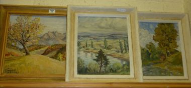 'The River Rhine at Rudlingen - Switzerland' oil on board signed F. Hall and two other mid 20th