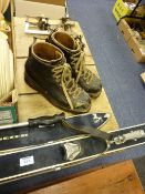 Pair of vintage 1950's Glungezer skis with poles and boots, an early pair of French ice skates and a