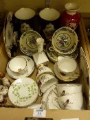 Pair Cauldon vases hand painted scenes, Coalport, Crown Devon, Mason's ceramics etc in one box