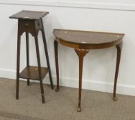 Walnut demi lune hall table and an oak jardiniere stand