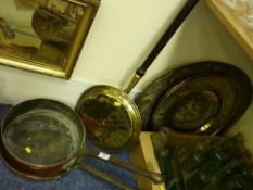 Two heavy Victorian copper frying pans, Victorian brass warming pan and four embossed brass plaques