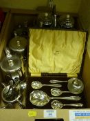Glass Vesta stand with hallmarked silver rim, cased set of fruit spoons and other silver-plate in