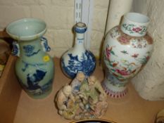 Early 19th Century Cantonese famille rose vase drilled for table lamp, another bottle vase lamp