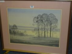 Misty Country Scene watercolour signed and dated by Mike Hatfield 1987