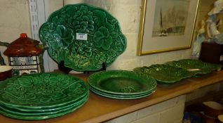 Wedgwood and other green glazed leaf moulded pottery plates