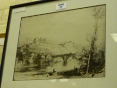 'Richmond Castle Yorkshire', dry point etching by Alfred Bentley