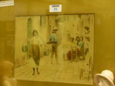 Italian street scene The Water Carrier highlighted colour lithograph