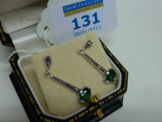 Pair of green tourmaline and marcasite drop ear-rings stamped 925