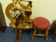 Elm and beech spinning wheel and a Victorian painted elm stool