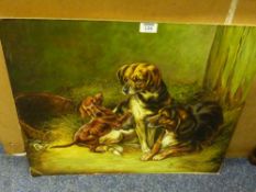 Three dogs in stable setting oil on canvas laid on board signed Danny Wallace