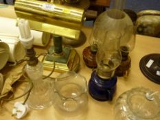 Brass desk lamp and collection of oil lamps etc