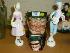 Large Royal Doulton character jug 'Mr Pickwick', small character jug 'Dick Turpin' and a pair of