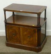 Pair of reproduction inlaid mahogany two tier cabinet with inset leather top