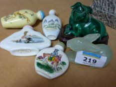 Chinese carved jade rabbit, carved malachite dog and four decorated snuff bottles