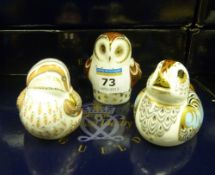 Royal Crown Derby paperweights - three birds 'Owlet', 'Teal Duckling' and 'Collectors Guild