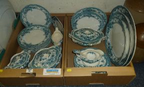 Victorian late Mayers blue and white part dinner service in two boxes