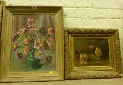 Still life vase of flowers, still life of roses, two oils on canvas sign K Middleton and J L Evans