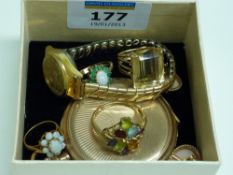 Three hallmarked 9ct gold rings, pair ear-rings, pocket watch etc