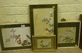 Oriental silk embroidered panel depicting birds and blossom and a collection of other watercolours
