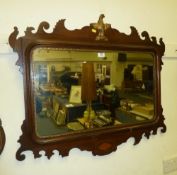 Rectangular wall mirror in mahogany Chippendale style frame inlaid with satinwood shell motif