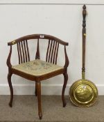 Edwardian inlaid mahogany corner chair and a brass warming pan