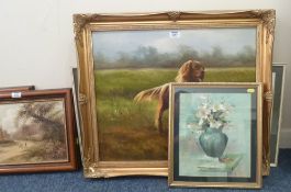 Still life oil painting, three still life pictures and a Red Setter oil painting by signed Benson