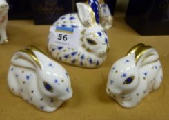 Royal Crown Derby paperweights - three rabbits