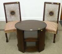 Pair early 20th Century walnut framed salon chairs with cane backs and an oval mahogany three tier