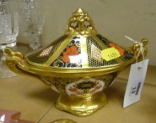 Royal Crown Derby boat shaped pedestal urn and cover, pattern no.1128 14cm