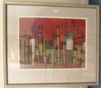 City Heights, modern semi-abstract oil painting, signed John Bullock