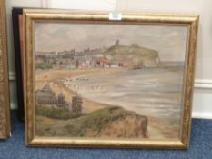 Scarborough oil on canvas signed J M Werry 1914, Scarborough railway poster print, and a music score