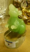 Chinese jade mouse on clear crystal glass base with engraved text height 11.5cm