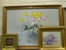 Still life of tulips oil on canvas board signed K Andrews and two other still life oils