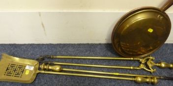 Victorian three piece brass companion set and a brass and copper warming pan