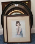 Three Edwardian oval portrait prints and three other pictures