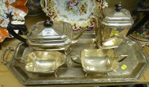 Art Deco period silver-plated four piece tea set with matching tray