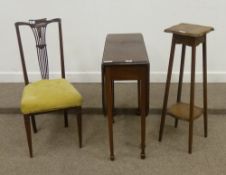 Narrow mahogany drop leaf table, Edwardian inlaid chair and oak jardiniere stand