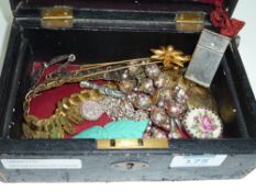 Black leather jewellery box containing cloisonne beads, Stanhope, brooches etc