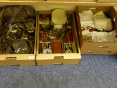 Assorted stainless steel, other metalware, linen and miscellanea in three boxes